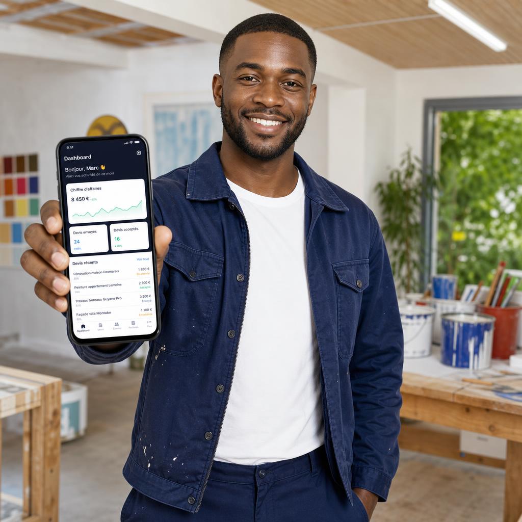 Artisan peintre créant un devis sur son smartphone avec l'application Devis Peintre Express